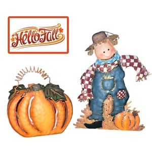 die cut metal scarecrow pumpkin painted  lanterns set